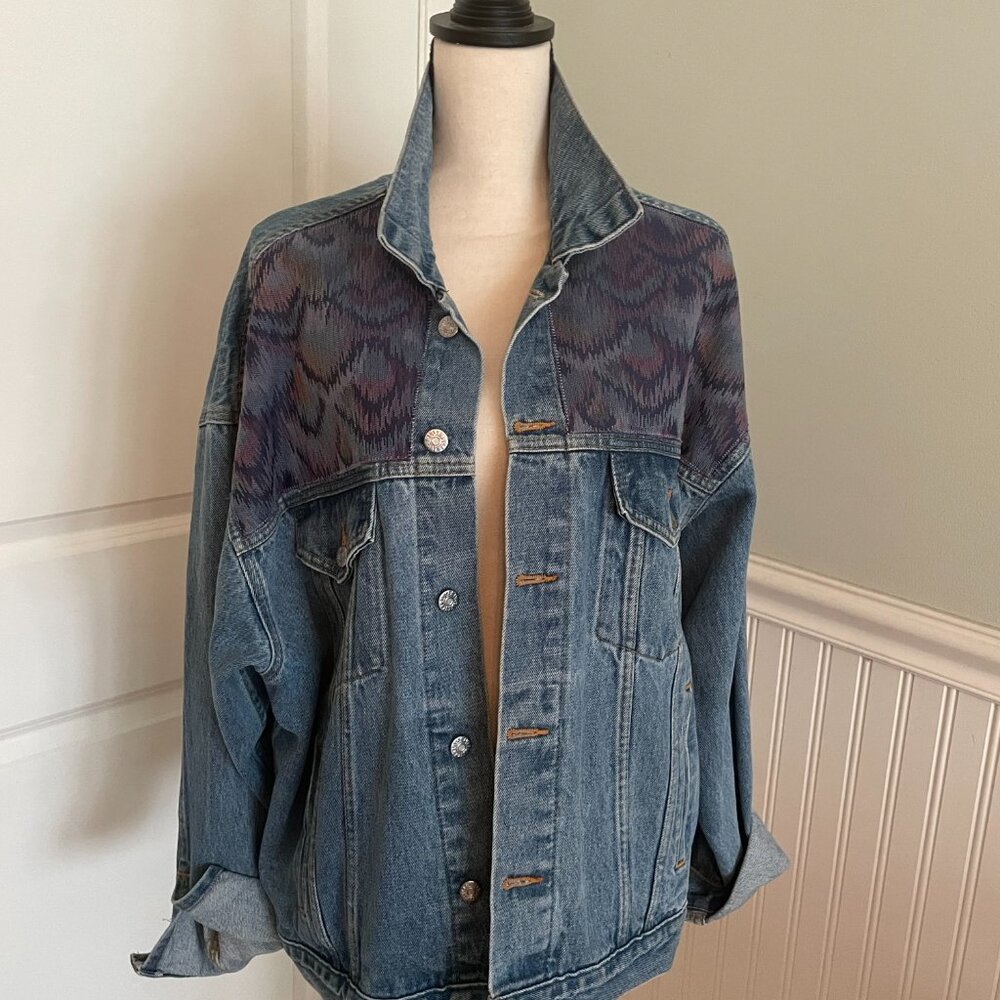 Upcycled Denim Jeans Jacket with Bargello tapestry print on shoulders and back